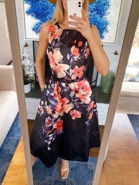 JULIA JORDAN Black Floral Cocktail Midi Dress with Coral Accents! 🌺